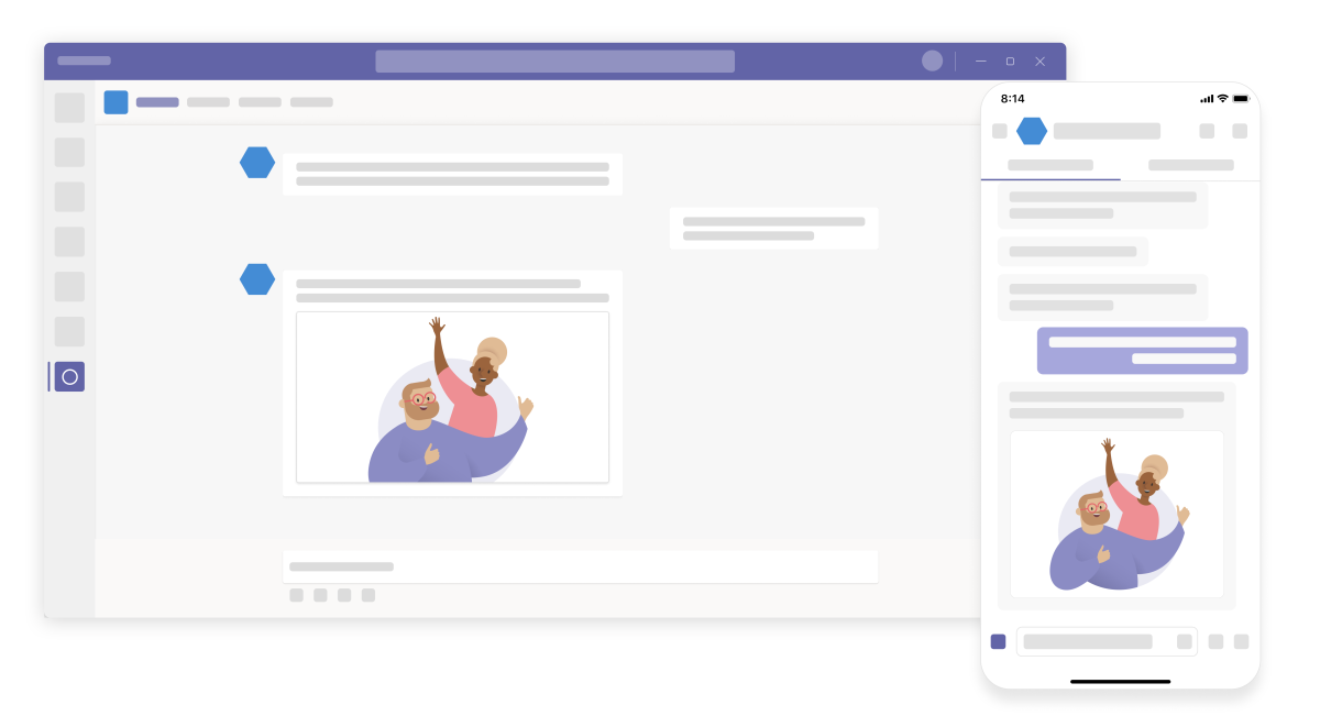 Концептуальное представление того, как выглядят боты в клиенте Microsoft Teams.