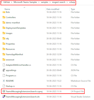 Снимок экрана клонированного репозитория с выделенным красным цветом TeamsMessagingExtensionsSearch.csproj.