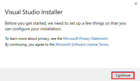 Снимок экрана: Visual Studio Installer с параметрами продолжения, выделенными красным цветом.