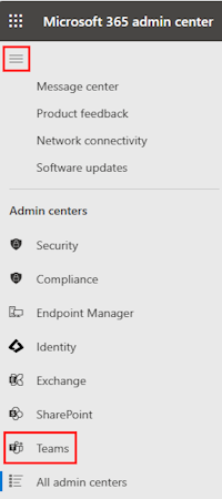 Снимок экрана: выбор Teams в Администратор центрах.