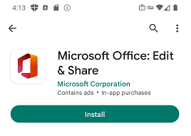 На снимке экрана показана кнопка установки приложения Office (Microsoft 365) в Google Play Store.