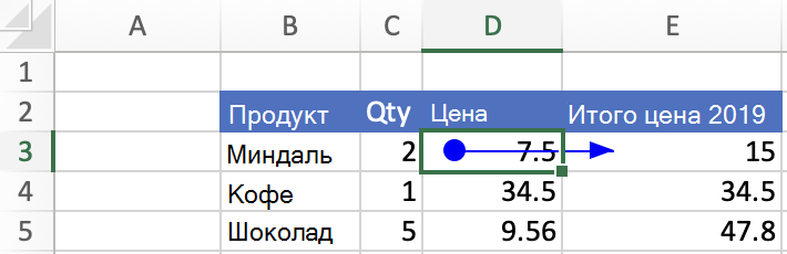 Стрелка трассировки зависимых ячеек в пользовательском интерфейсе Excel.