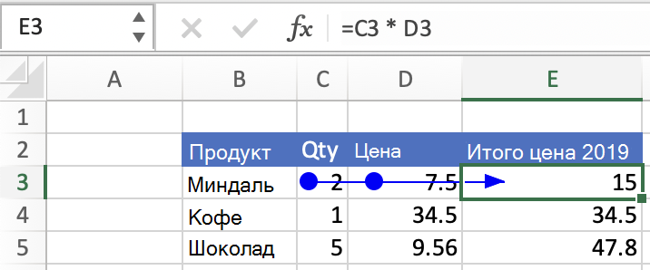 Стрелка трассировки ячеек прецедента в пользовательском интерфейсе Excel.