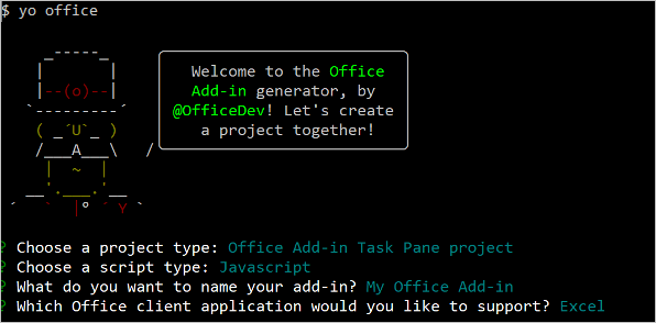 Интерфейс командной строки генератора Yeoman для надстроек Office.