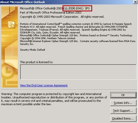 Снимок экрана: номер сборки в диалоговом окне О Microsoft Office Outlook.