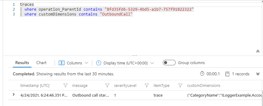 View traces scoped to this request and with the scope set to OutboundCall.