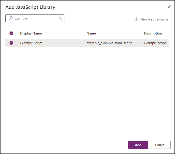 Add JavaScript Library dialog