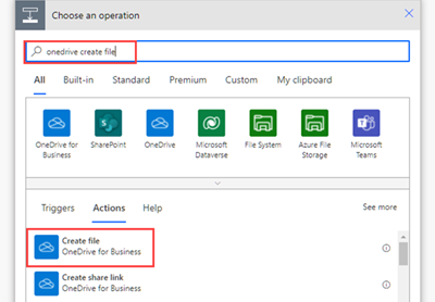 Снимок экрана окна редактирования Power Automate с выбранным действием Создать файл OneDrive.