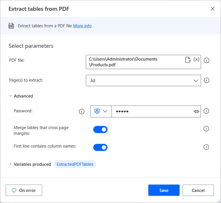 Снимок экрана действия Извлечь таблицы из PDF-файла.