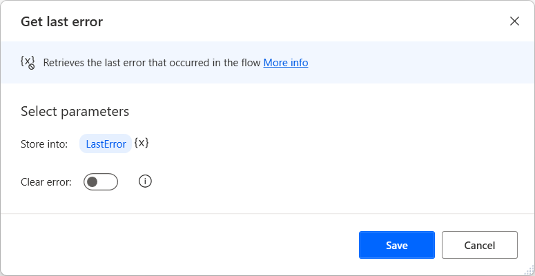 Снимок экрана действия Получить последнюю ошибку.