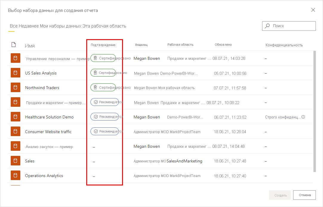 Screenshot of endorsed semantic models in a semantic model selection dialog.