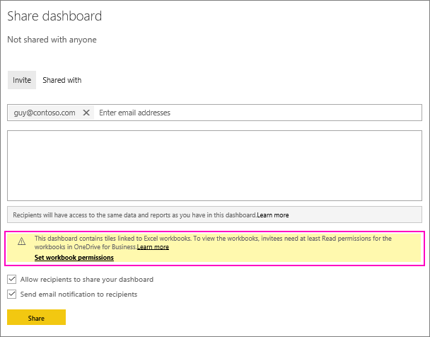 Screenshot that shows the Share dashboard dialog.