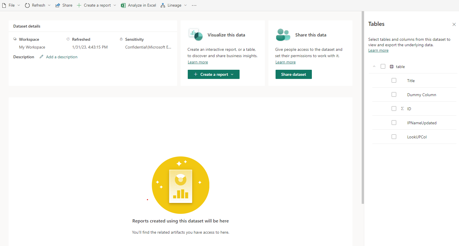 Screenshot of the semantic model details page of the newly created semantic model.