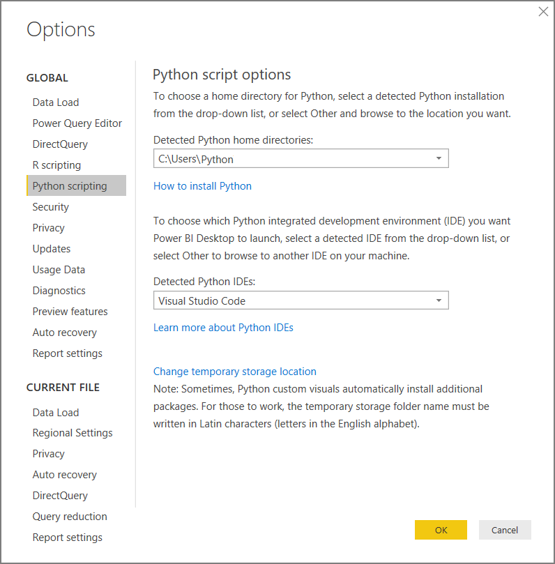 Снимок экрана: параметры скрипта Python для Power BI Desktop.