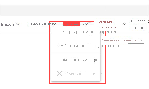 снимок экрана: параметры сортировки по возрастанию, убыванию и текстовым фильтрам для заголовков столбцов.