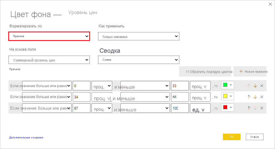 Диалоговое окно условного форматирования для цвета фона по правилам: для параметра раскрывающегося списка стилей форматирования заданы правила.