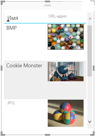 Снимок экрана: изображения URL-адресов в таблице.