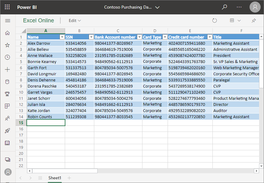 Снимок экрана: Excel Online в Power BI.