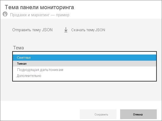 Снимок экрана: окно темы панели мониторинга и раскрывающееся меню.