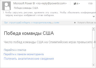 Снимок экрана: пример электронной почты со ссылками на Power BI.