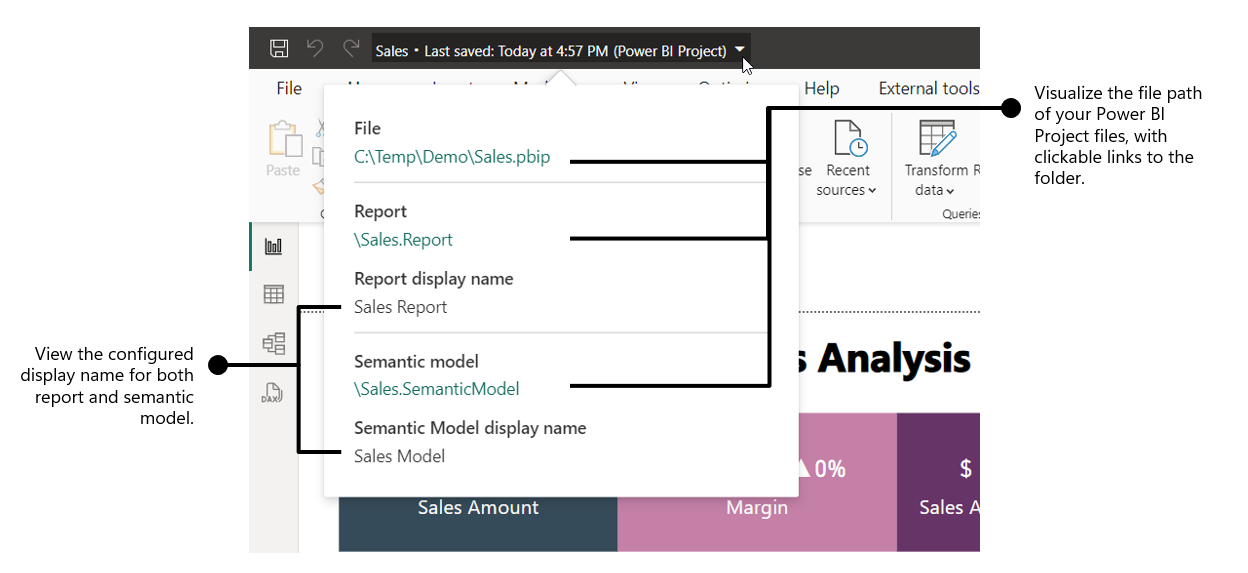 Снимок экрана, показывающий всплывающее меню заголовка Power BI Desktop.