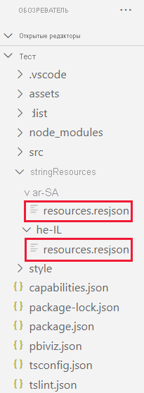 Снимок экрана с кодом VS для папки визуального проекта. Каждая вложенная папка в папке строковых ресурсов содержит файл resjson ресурсов.