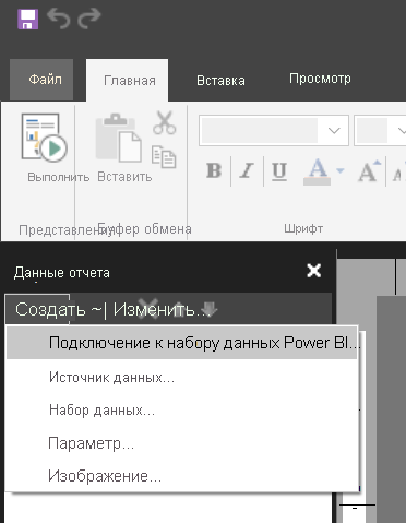 Снимок экрана: новый набор данных в области данных отчета.