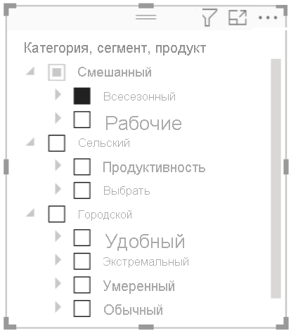 Иерархический срез в Power BI Desktop для Power BI Report Server.