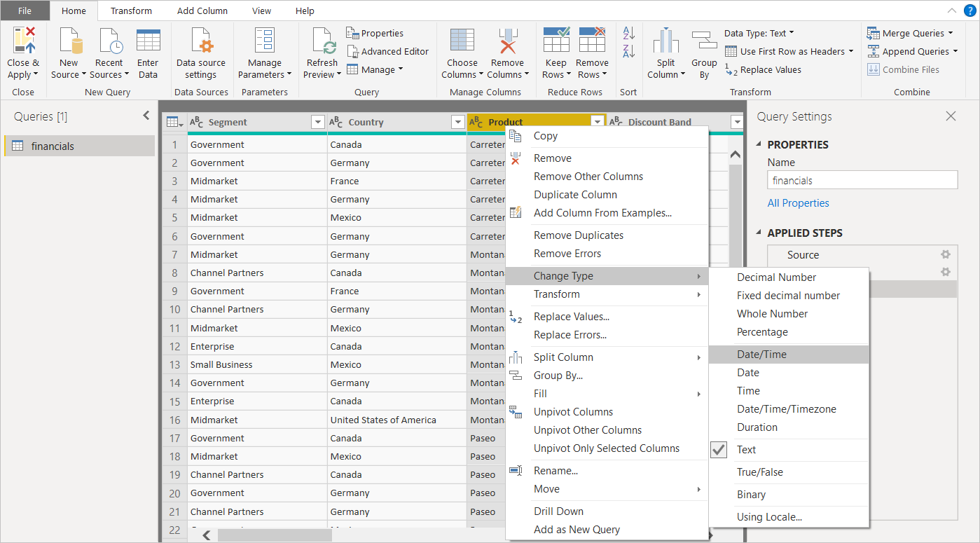 Снимок экрана: Power BI Desktop с данными в центральной области.