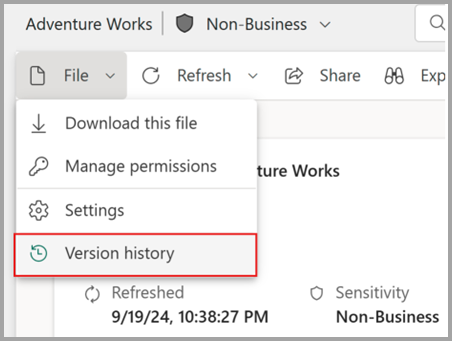 Screenshot showing how to select version history from the File menu.