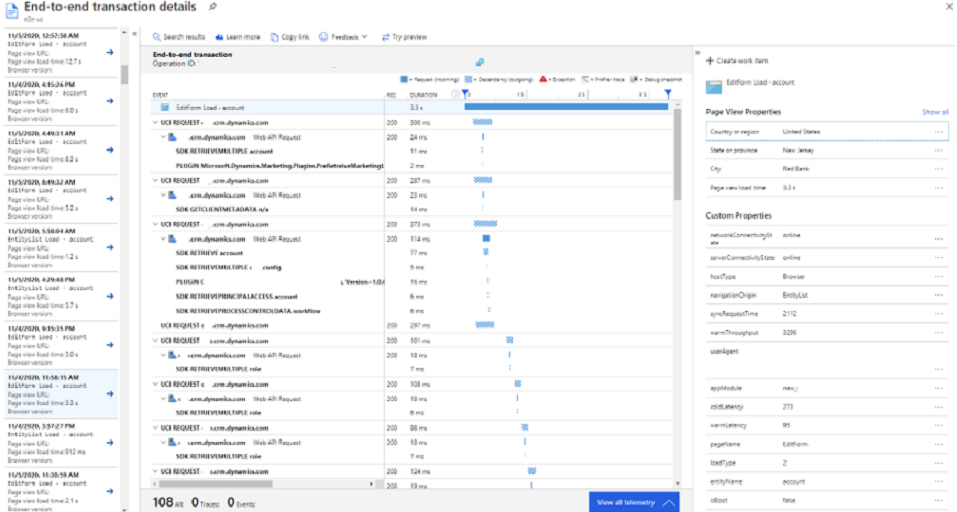 Производительность Application Insights — сведения о сквозных транзакциях.