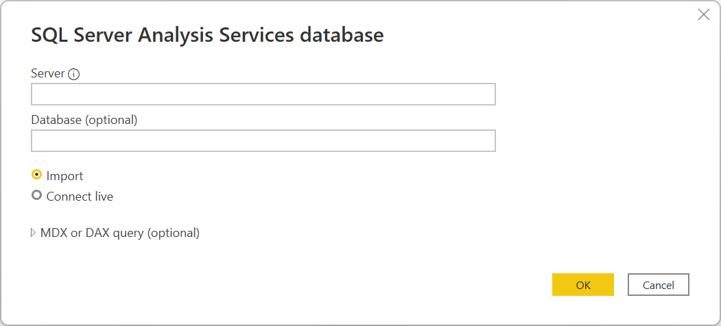 конструктор подключений базы данных SQL Server Analysis Services в Power Query Desktop.