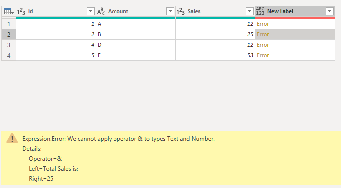 Ошибка выражения в области ошибок, вызванная попыткой применить оператор And к тексту и числу из столбца Sales.