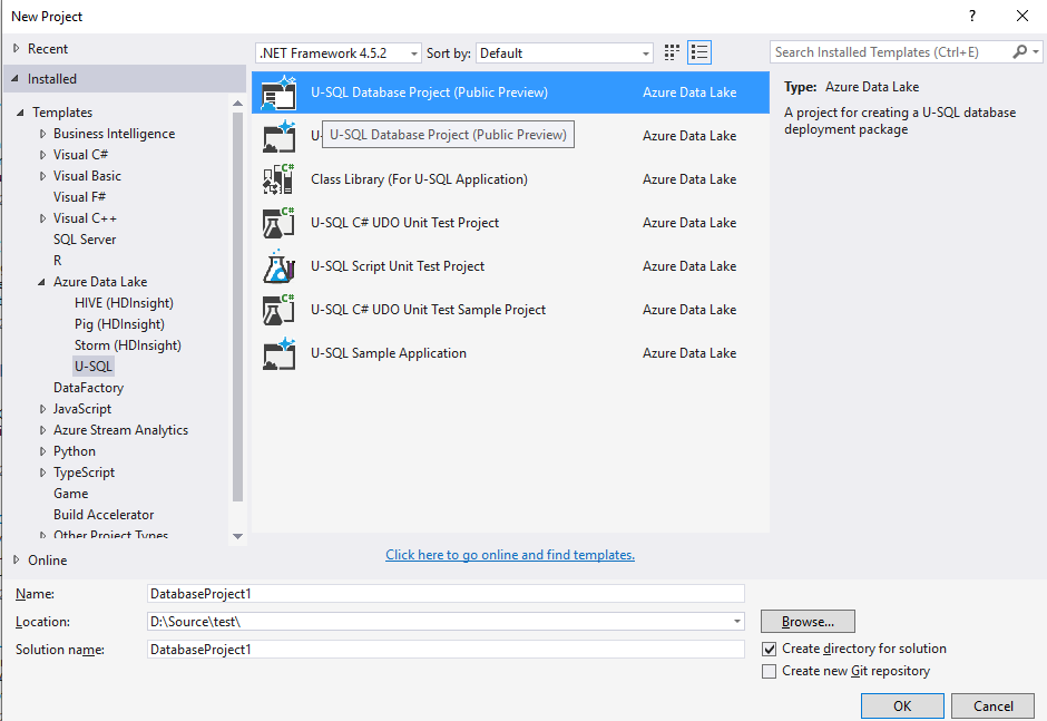 Создание проекта базы данных U-SQL с помощью средств Azure Data Lake для Visual Studio
