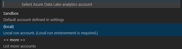 Выбор локальной учетной записи в средствах Data Lake для Visual Studio Code