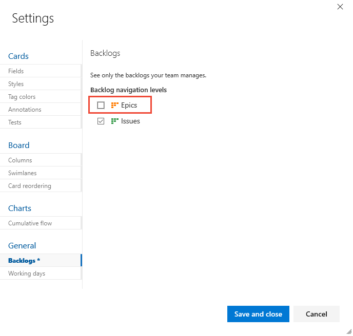 Settings,Backlogs dialog, Turn Epics off 