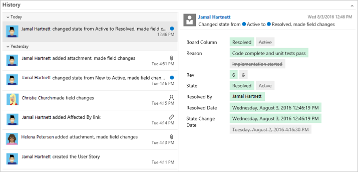 Screenshot of Work item form, History tab, Web portal, Details.