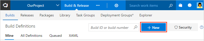 Screenshot showing the Builds tab and the New button.