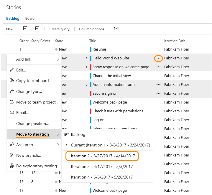 Screenshot of Backlog page, multi-select items, Open context menu, Move to iteration.