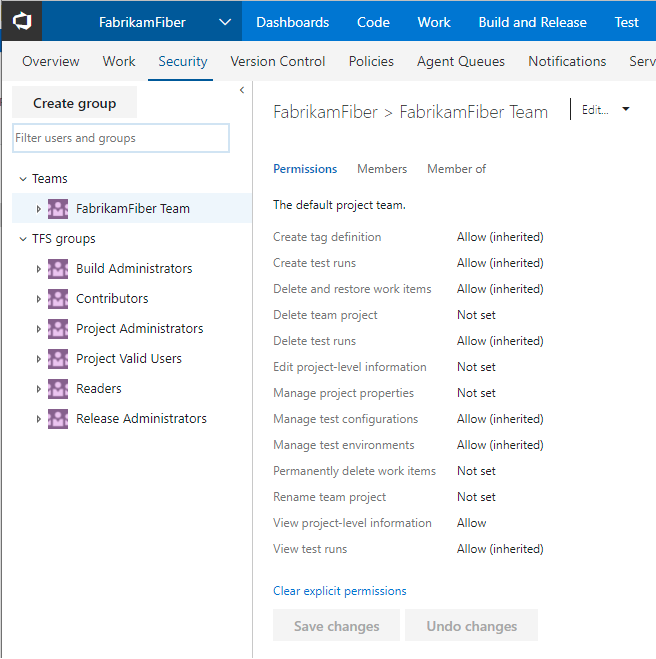 Screenshot of Project-level groups and permissions, TFS-2018 and earlier versions.