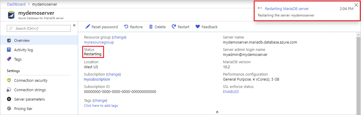 Azure Database for MariaDB - Restart status