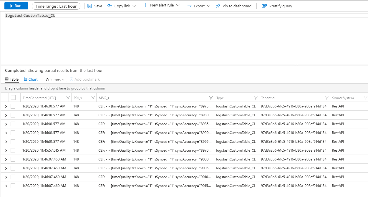 Снимок экрана: запрос пользовательских журналов в Logstash.