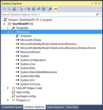 VS Solution Explorer showing references for the helper library