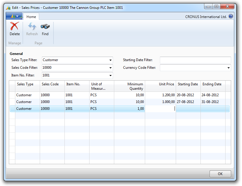 Task page showing sales prices worksheet