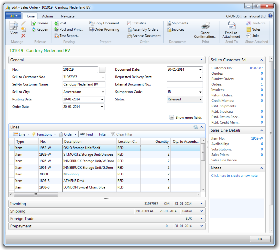 Document page showing sales order