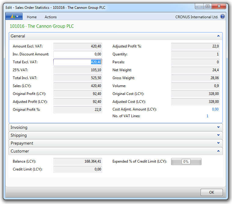 Task page showing statistics about sales order