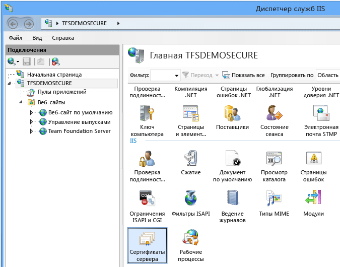 Откройте диспетчер IIS и запросите сертификат