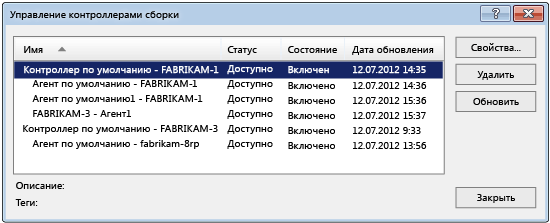 Диалоговое окно "Управление контроллерами построений"