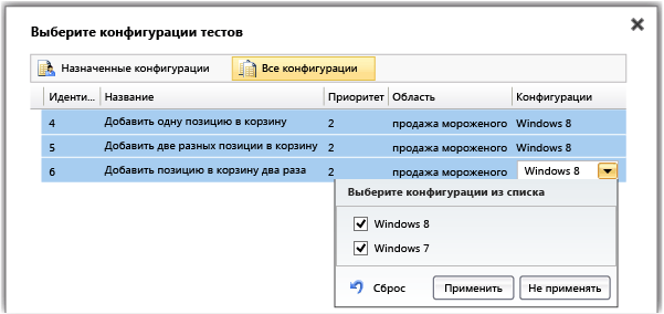 Назначение конфигураций тестовым точкам.