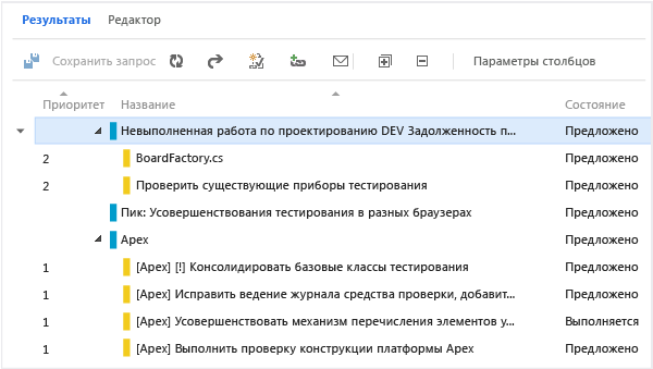 Список результатов, отражающих древовидный запрос